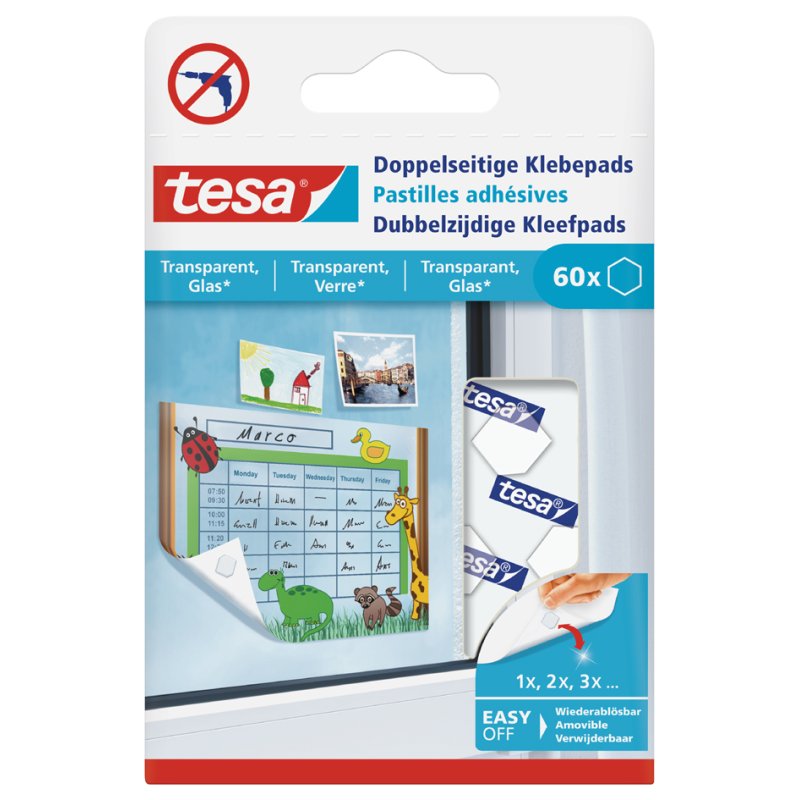 tesa pastilles adhésives transparentes, double face, hexagonales, 60 pièces