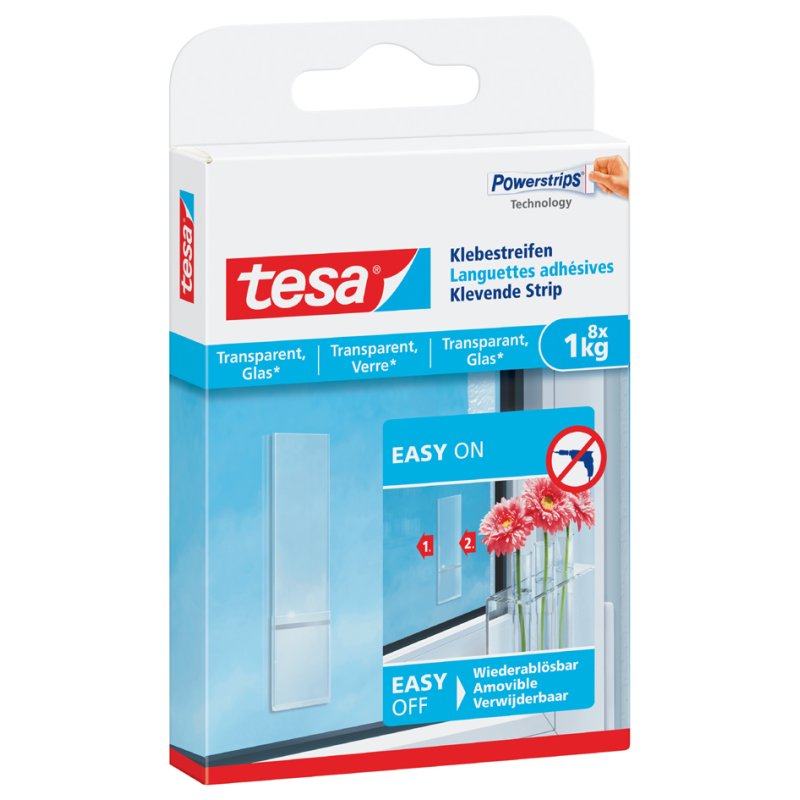 tesa Powerstrips bandes adhésives, transparentes, pour verre, 16 pièces