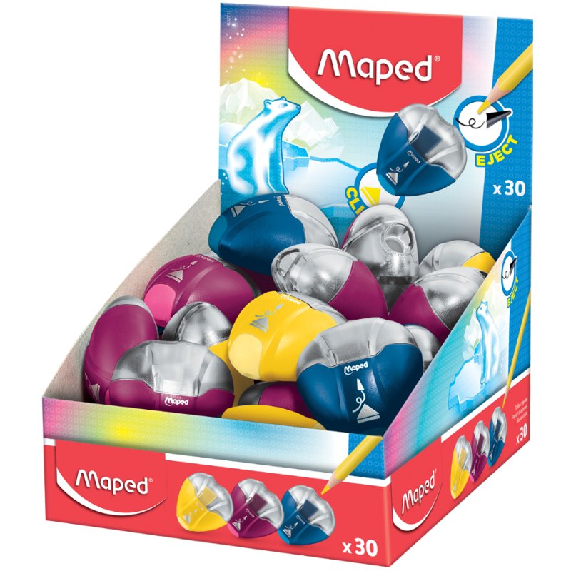 Maped i-gloo Eject pencil sharpener, mixed colours, display of 30 pieces
