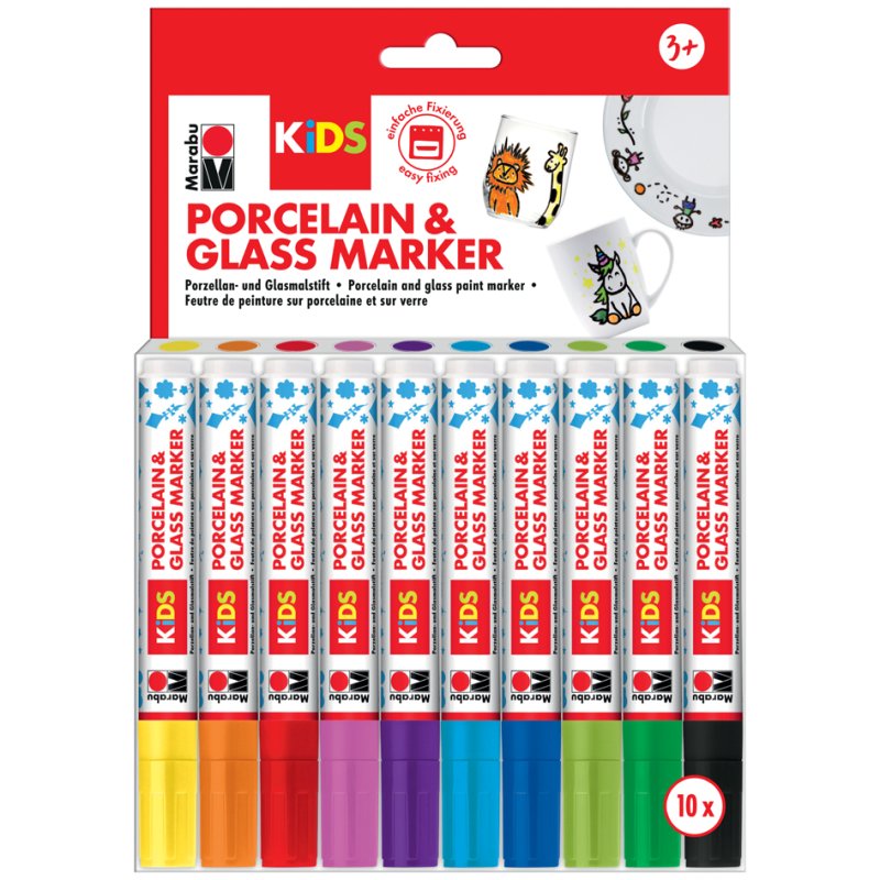 Marabu marker Porselein & Glas KIDS, 1-3 mm, geel/oranje/rood/blauw/groen/zwart, 10 stuks