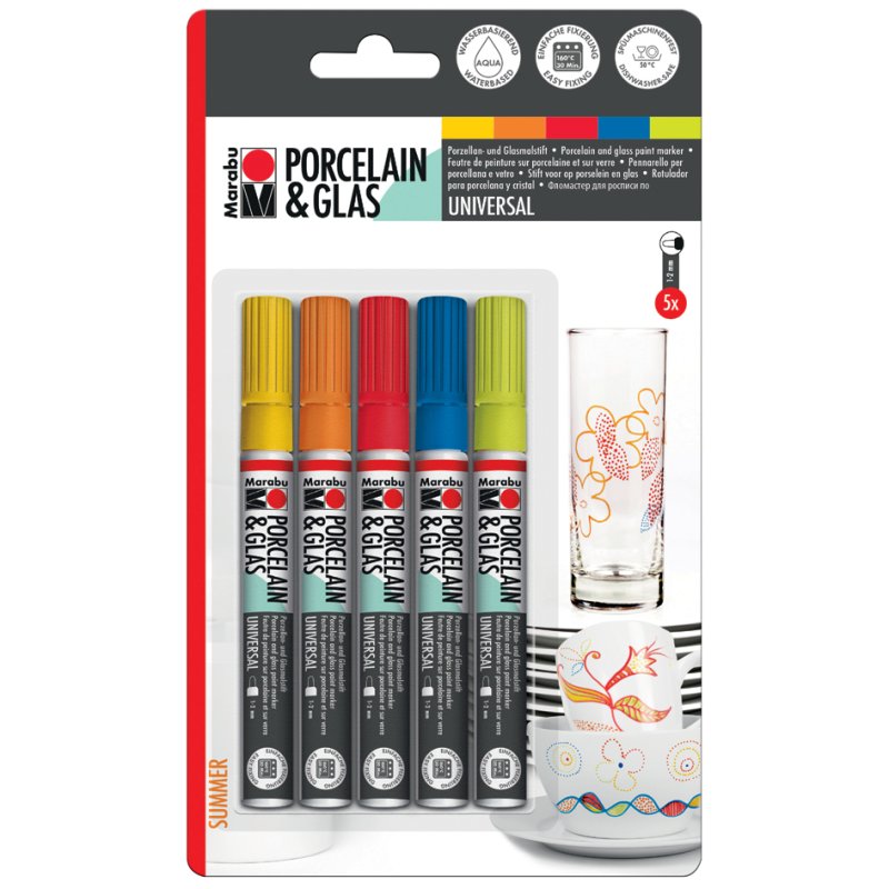 Marabu marker Porcelain & Glass Painter SUMMER, op waterbasis, 1-2 mm, 5 stuks