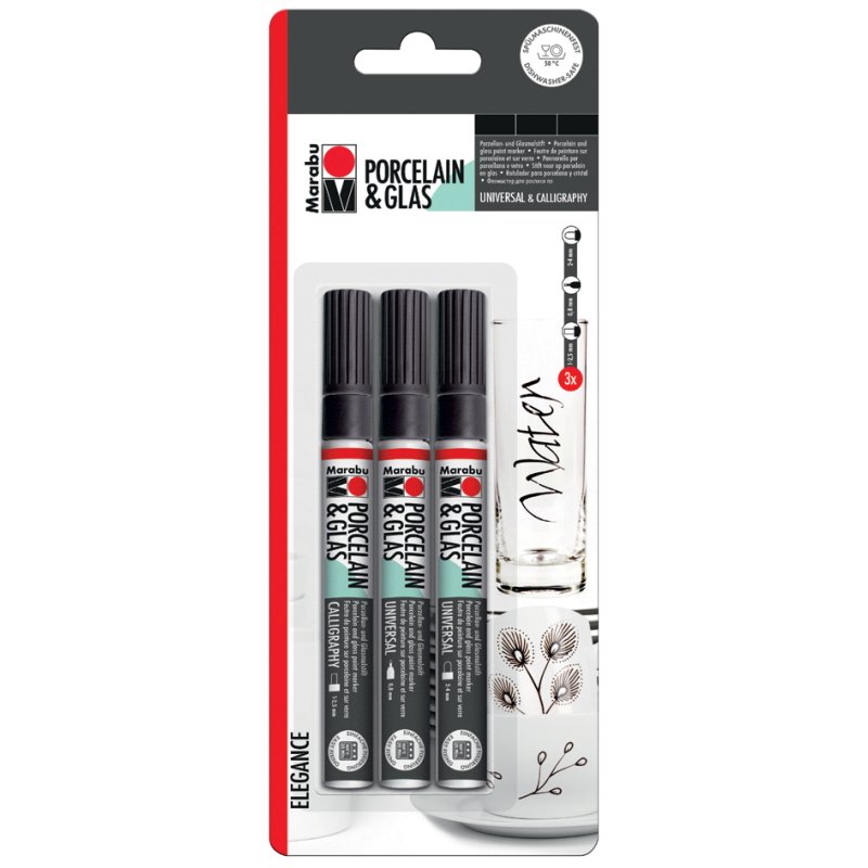 Marabu marker voor porselein & glas ELEGANCE, zwart, op waterbasis, 3 stuks