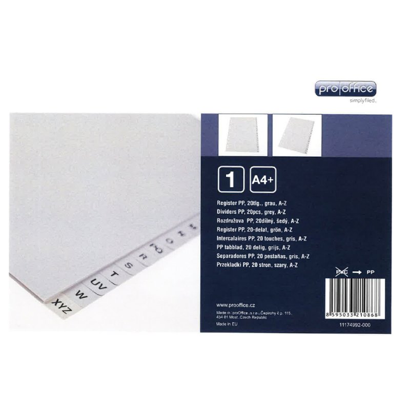 proOFFICE intercalaires A-Z, A4 demi-hauteur, gris, 20 pièces