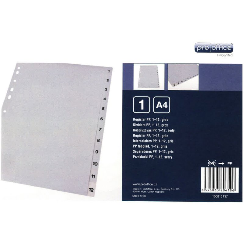 proOFFICE onglets plastique, chiffres, A4, gris