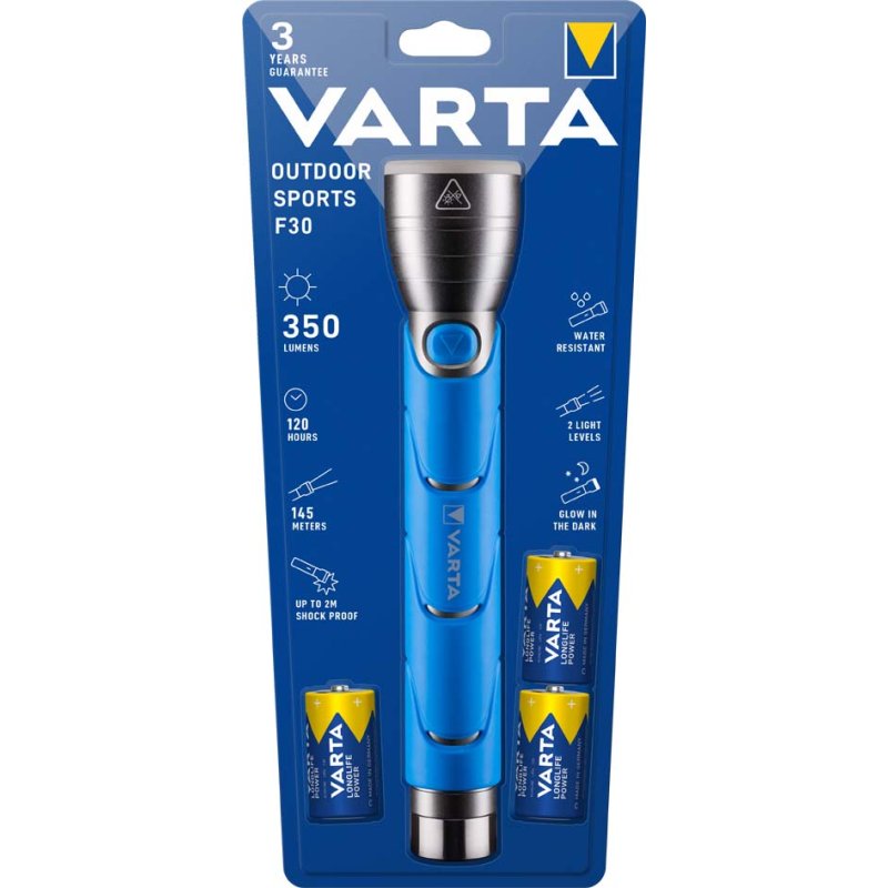 VARTA LED zaklamp Outdoor Sports F30, incl. 3 C batterijen, 310 lumen, zilver/blauw