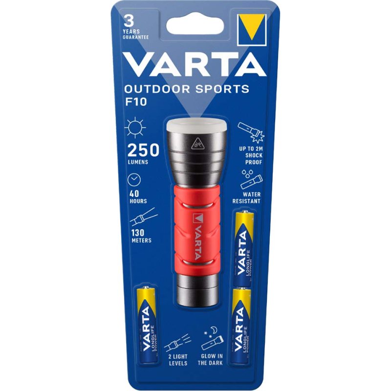 VARTA LED zaklamp Outdoor Sports F10, 235 lumen, silver/rood, 3 AAA batterijen
