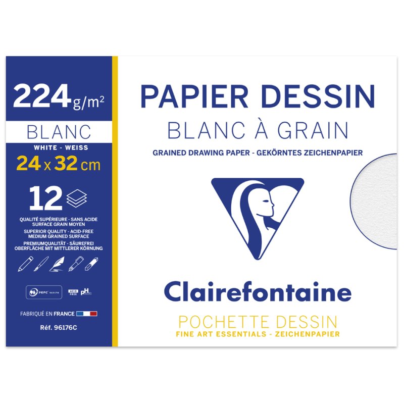 Clairefontaine getekend papier met korrel, wit, 12 vel