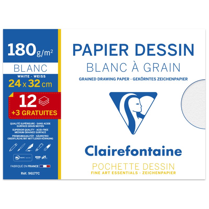 Clairefontaine grofkorrelig tekenpapier, wit, 240×320 mm, 180 g/m²