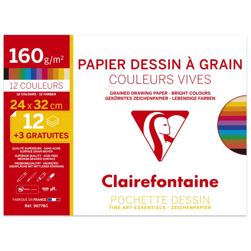 Clairefontaine grofkorrelig kunstenarespakket, 240×320 mm, 160 g/m², 12 vel + 3 gratis