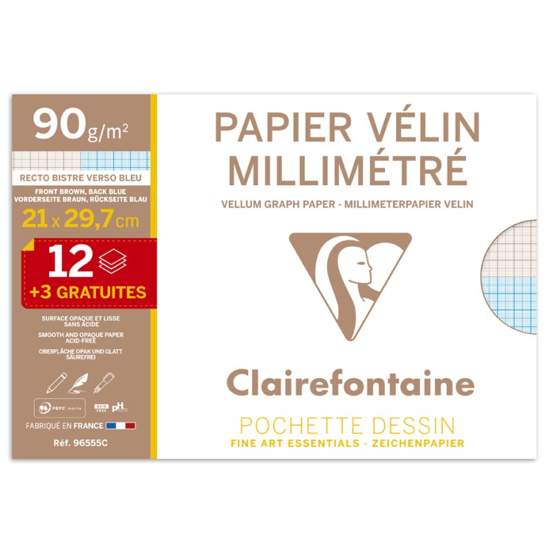 Clairefontaine millimeterpapier A4, blauw/bruin, 90 g/m², 15 vel, 1 mm raster