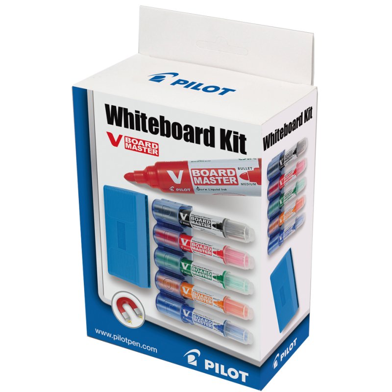 PILOT marqueurs tableau blanc V Board Master set, pointe ronde 2,3 mm, 5 pièces avec effaceur