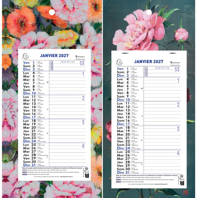 Calendrier mural 2025, 155 x 285 mm, fond fleuri