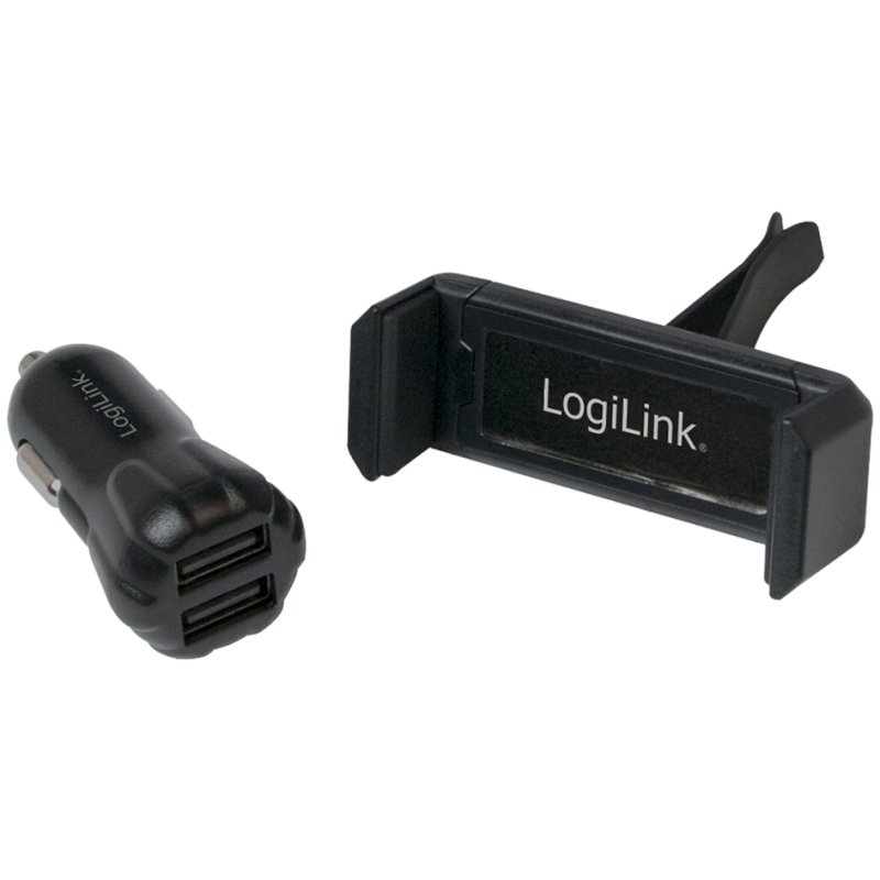 LogiLink Chargeur auto USB avec support téléphone, noir, 2x USB-A, 10 Watt