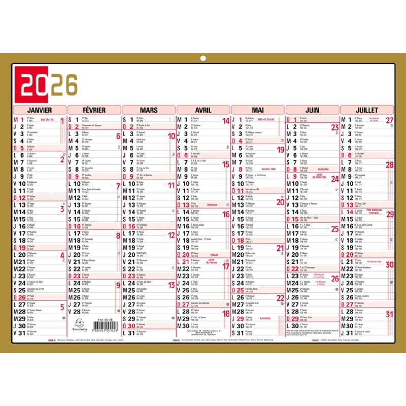 Calendrier neutre trois couleurs 2025, 170 x 130 mm