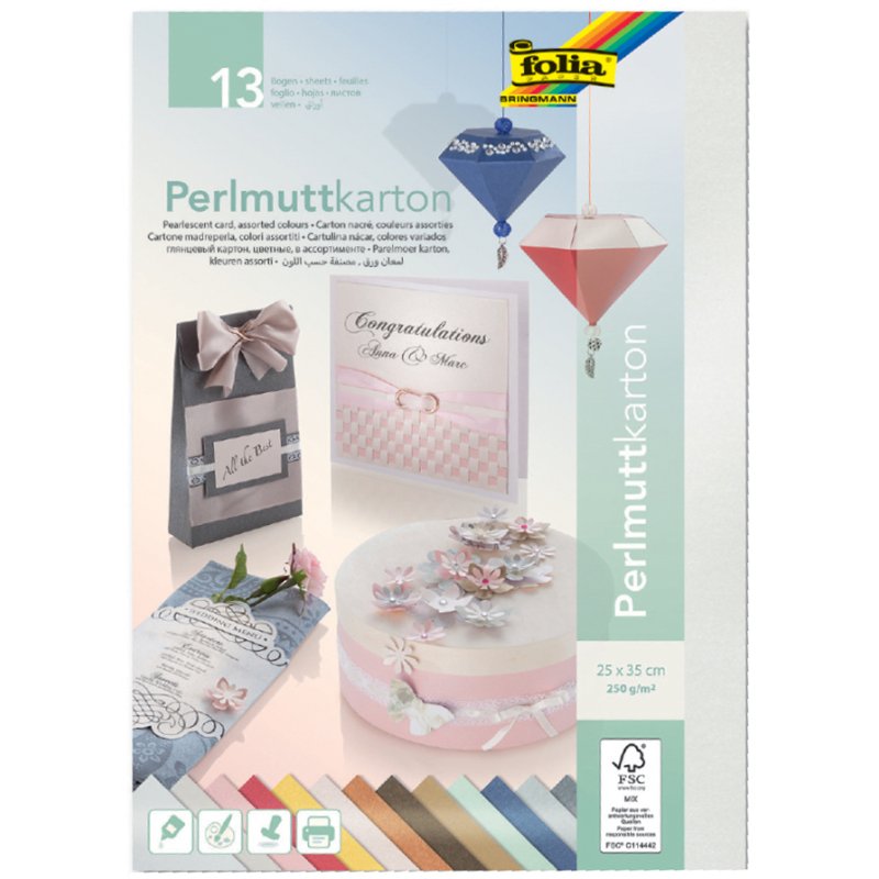 folia parelmoerkarton, beidsijdig parelmoereffect, 250×350 mm, 13 vel gemengde kleuren