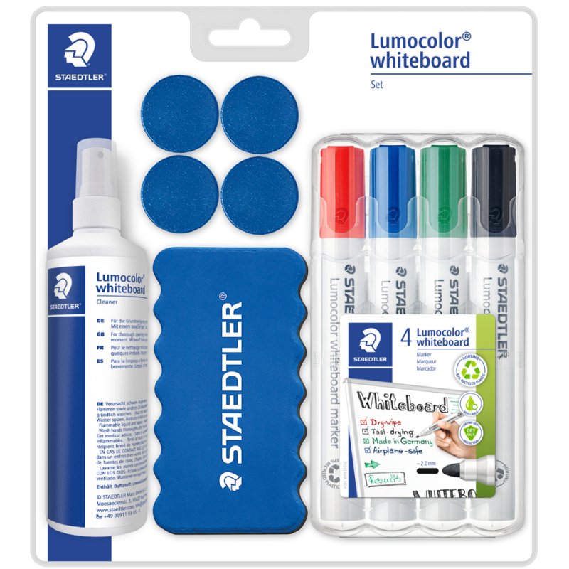 STAEDTLER Lumocolor whiteboard set, 4 markers + eraser + spray, magnets