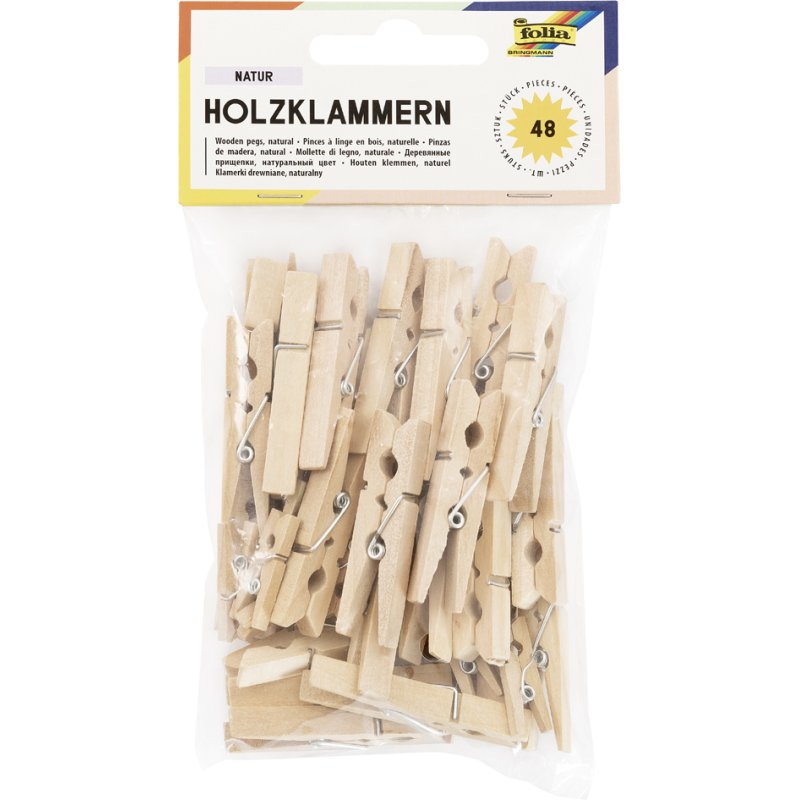 folia houten knijpers naturel, 3 maten gesorteerd, 48 stuks