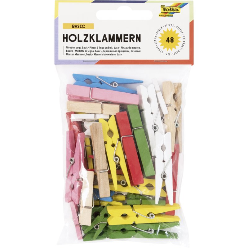 folia houten knijpers naturel, 3 maten gesorteerd, 48 stuks