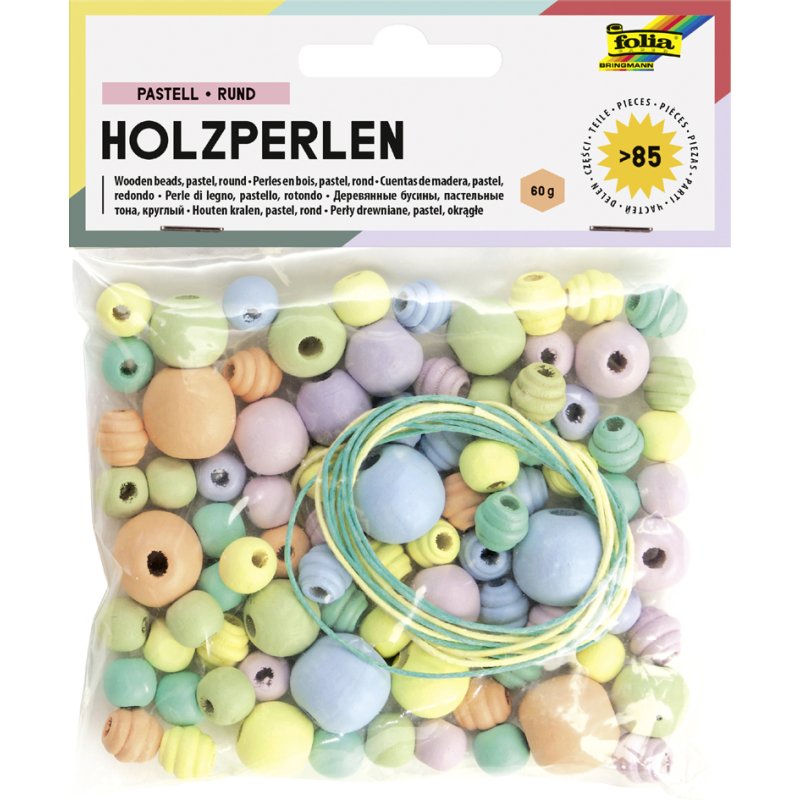 folia houten kralen Pastel, rond, 4 maten gemengd, 84 stuks