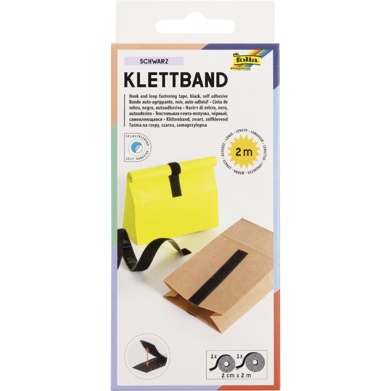 folia klittenband zelfklevend, zwart, 20 mm × 2 m