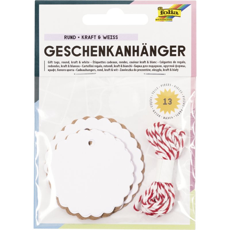 folia cadeaulabels rond, natuurlijk en wit, 12 stuks met koord
