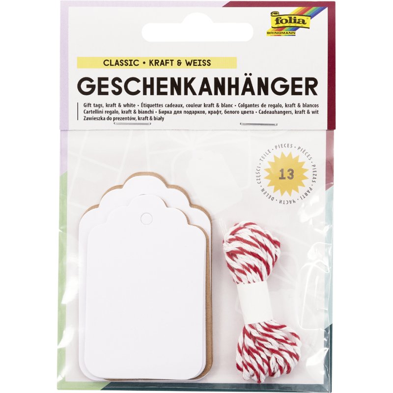 folia cadeaulabels rond, natuurlijk en wit, 12 stuks met koord