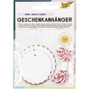 folia cadeaulabels rond, natuurlijk en wit, 12 stuks met koord
