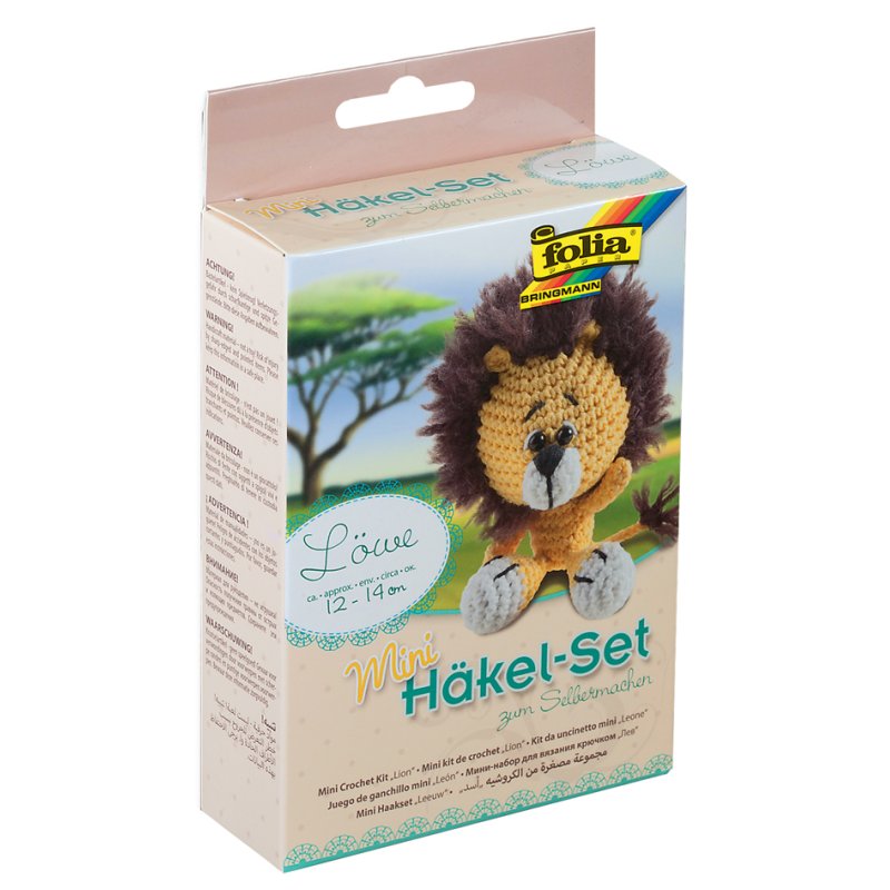 folia mini haakset Leeuw, inclusief haaknaald, wol geel/wit/bruin, veiligheidsoogen