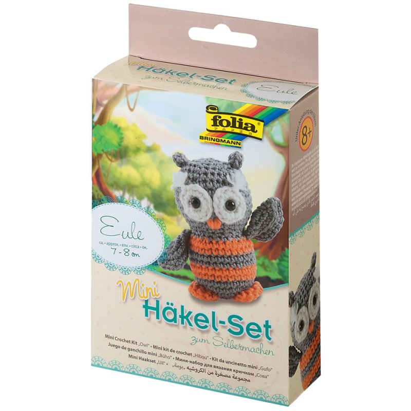 folia mini-haakset Uil, grijs/wit/oranje, compleet met naald en vulling