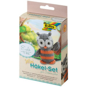 folia mini-haakset Uil, grijs/wit/oranje, compleet met naald en vulling