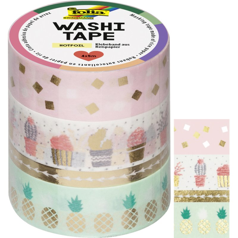 folia washi tape decoratief plakband, hotfoil koper, 4 rollen