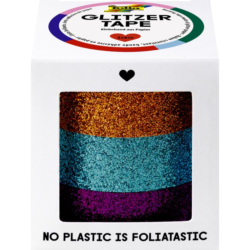folia washi-tape glitter, koper/turkoois/paars, 15 mm × 5 m, 3 rollen