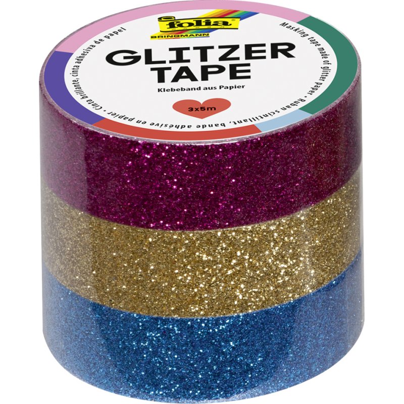 folia washi-tape glitter, koper/turkoois/paars, 15 mm × 5 m, 3 rollen
