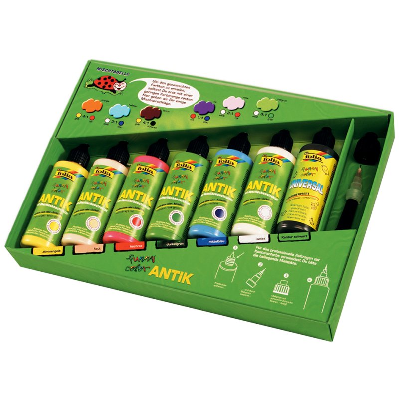 folia raamverf set Antiek, 7 kleuren à 80 ml, inclusief accessoires
