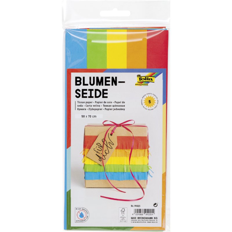 folia zijdepapier, 500×700 mm, gesorteerd 5 kleuren, 5 vel