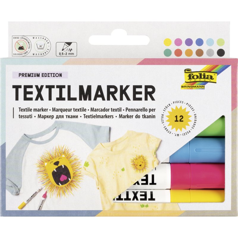 folia textielstiften, 12 stuks, gemengde kleuren