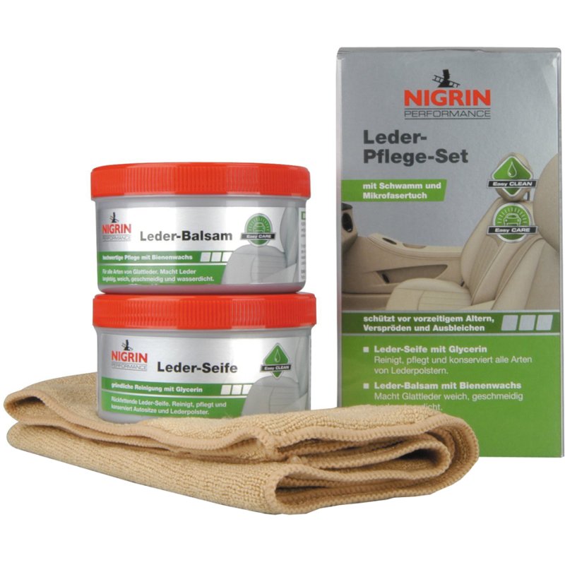 NIGRIN Performance Leather Care Set, Leather Balm, Leather Soap, Microfibre Cloth