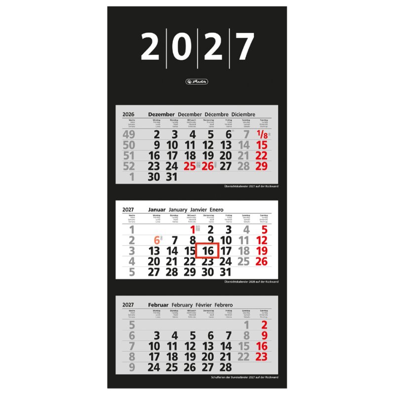 herlitz wandkalender 3 maanden, 330×700 mm, zwart/rood