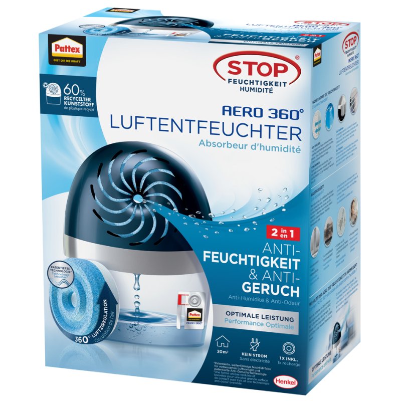 Pattex Aero 360° déshumidificateur air, recharge, jusqu'à 50 m³, incl 450 g tablette