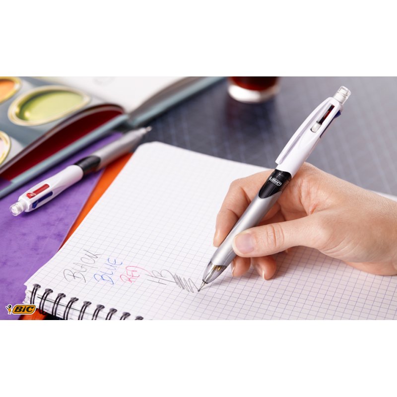BIC stylo 4-en-1, gris/blanc, 3 couleurs + crayon, 0,32 mm