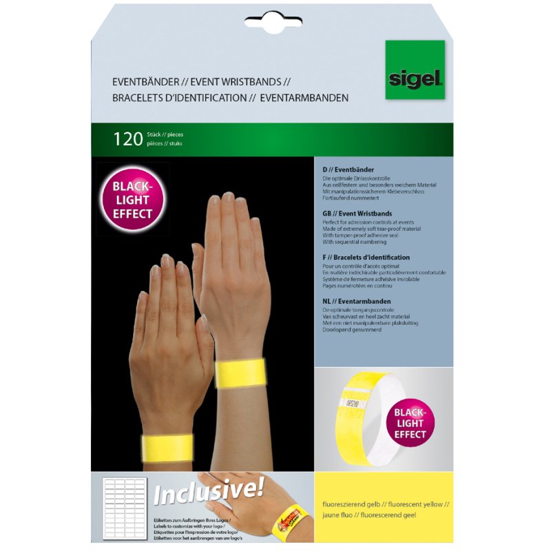 Sigel evenementbandjes Super Soft, fluorescerend geel en groen, 25×255 mm, 120 stuks