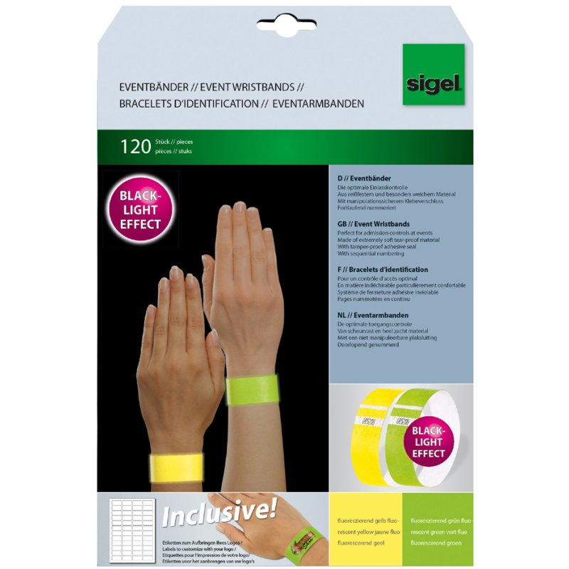 Sigel bracelets événementiels Super Soft, jaune et vert fluorescent, 25×255 mm, 120 pièces