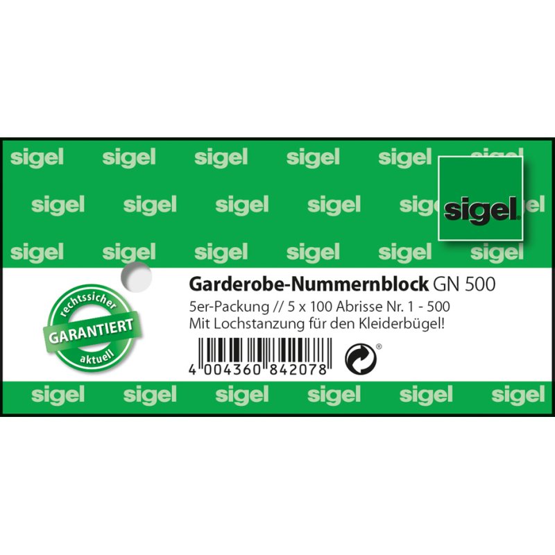 Sigel cloakroom number pads 1-500, perforated, 5 pads