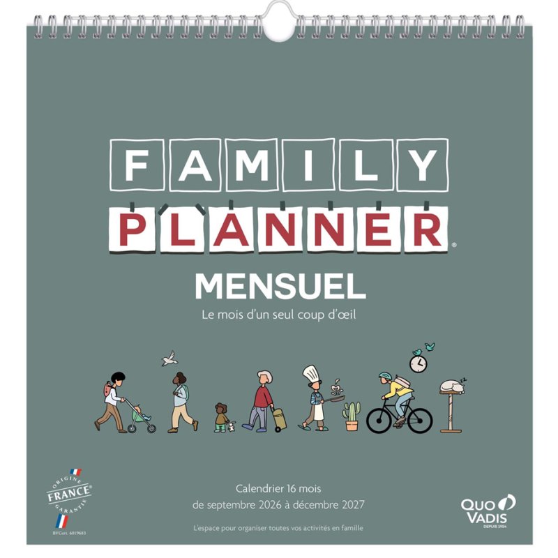 QUO VADIS calendrier familial FAMILY PLANNER MENSUEL 2026/2027, 16 mois, septembre-décembre