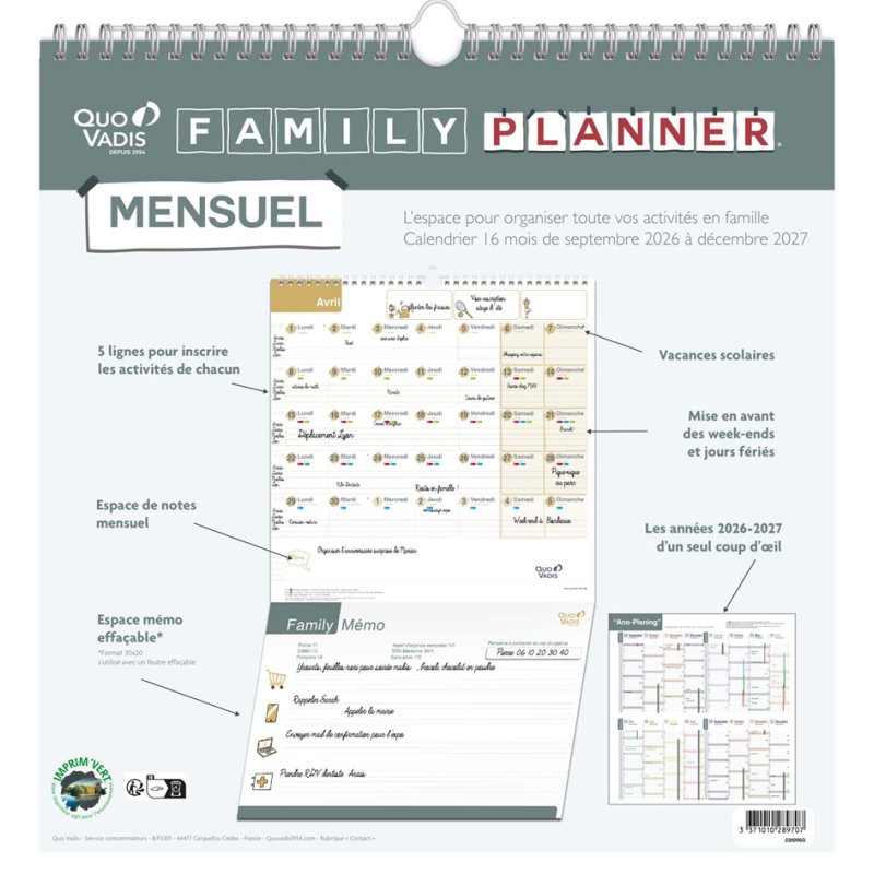 QUO VADIS calendrier familial FAMILY PLANNER MENSUEL 2026/2027, 16 mois, septembre-décembre