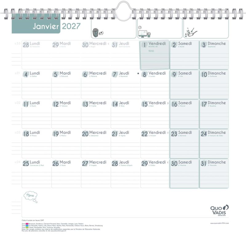 QUO VADIS calendrier familial FAMILY PLANNER MENSUEL 2026/2027, 16 mois, septembre-décembre