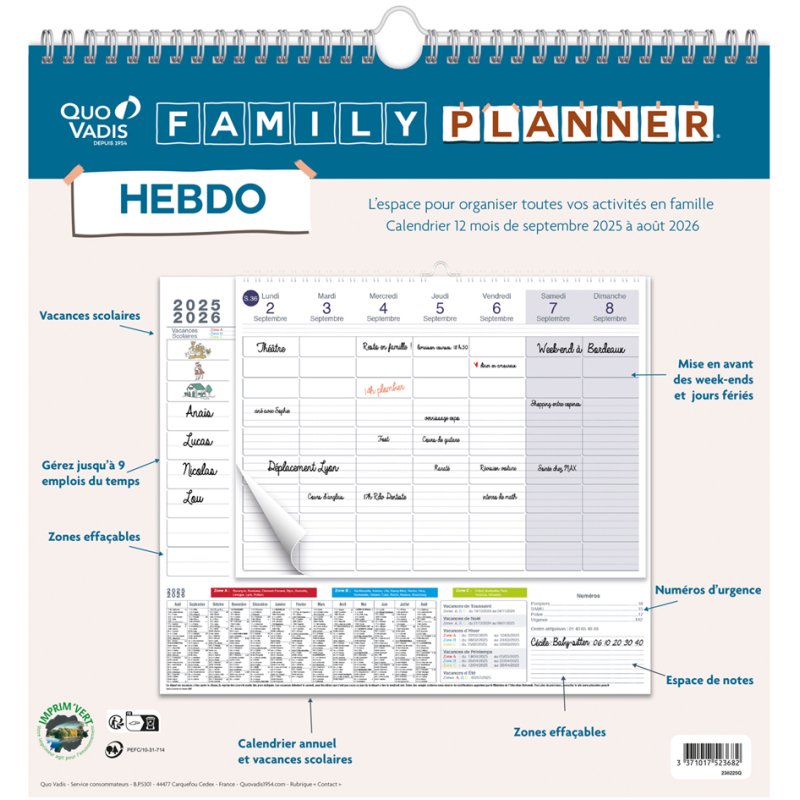 QUO VADIS calendrier FAMILY PLANNER HEBDO, 2025/2026, hebdomadaire, septembre-août