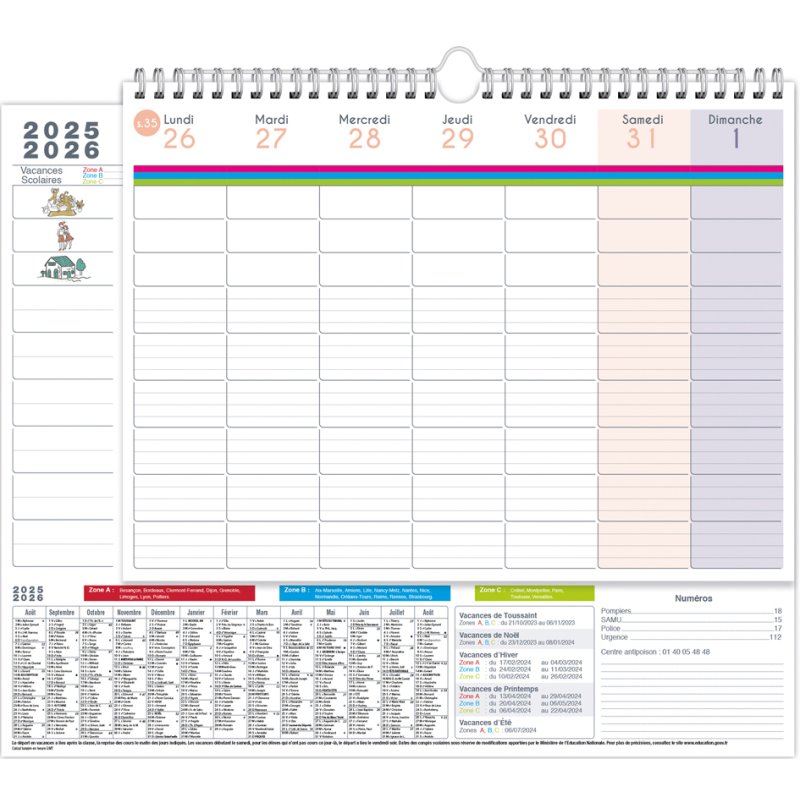 QUO VADIS calendrier FAMILY PLANNER HEBDO, 2025/2026, hebdomadaire, septembre-août