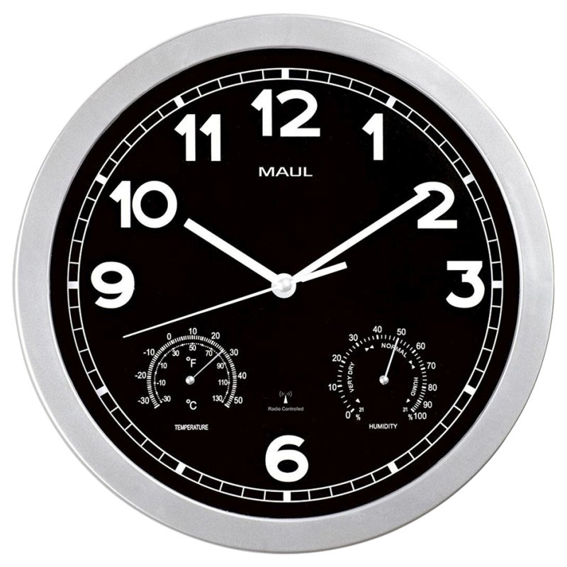 MAUL radio-controlled wall clock MAULdrive, silver, with thermometer and hygrometer