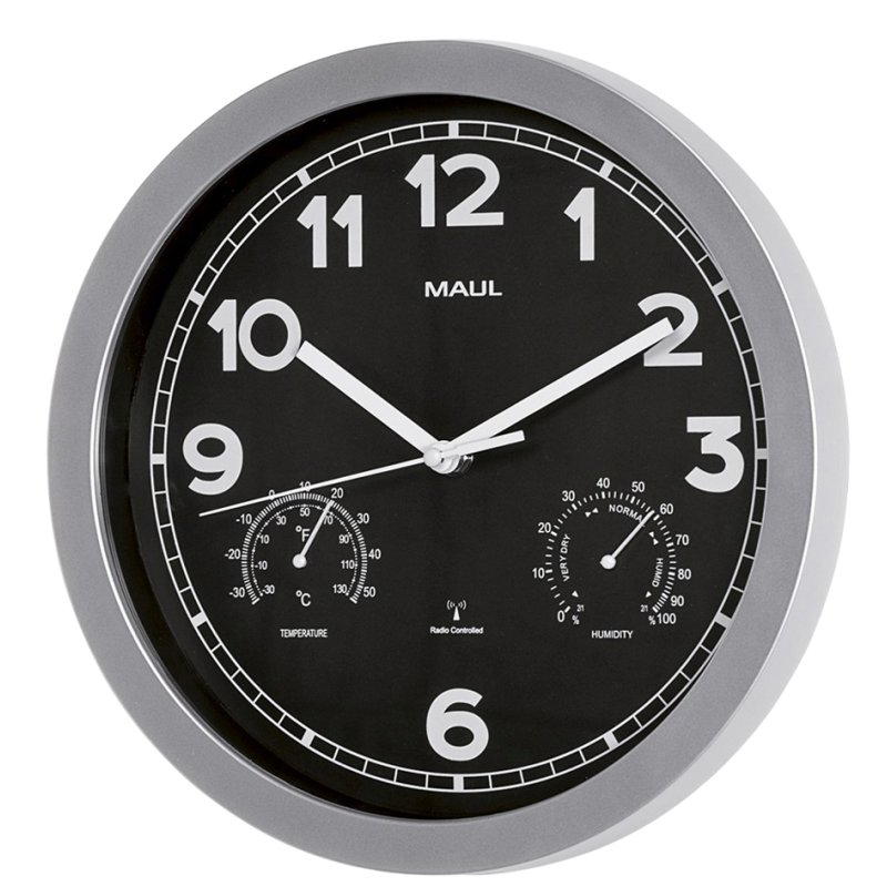 MAUL radio-controlled wall clock MAULdrive, silver, with thermometer and hygrometer
